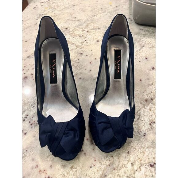 Nina Navy Satin Fabric Open Toe Formal Heels Sz 7 EUC - Picture 3 of 7